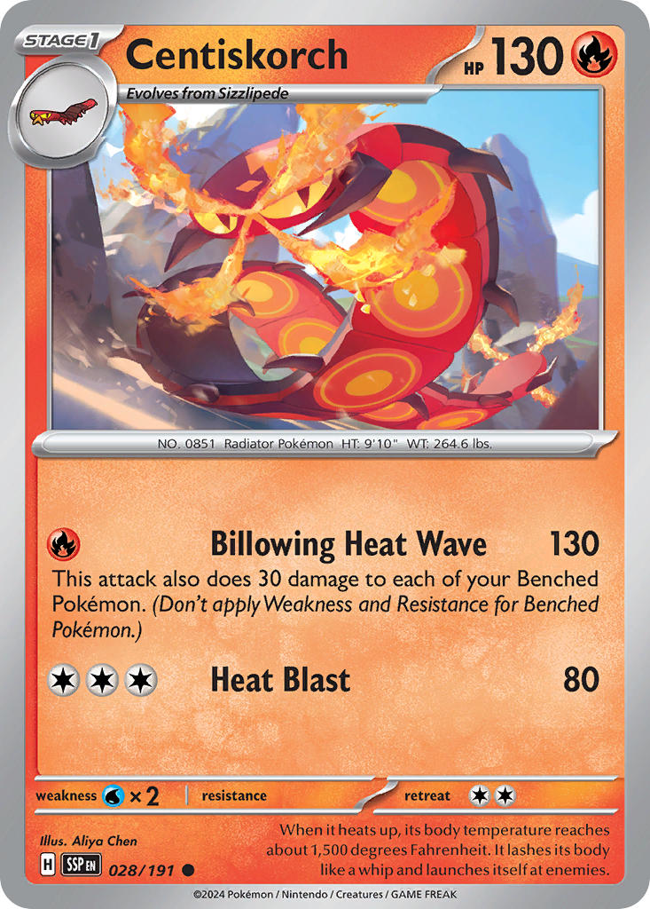 Centiskorch⁣ - Surging Sparks⁣ (Common)⁣ [028] English / Near Mint / Reverse-Holo Normal