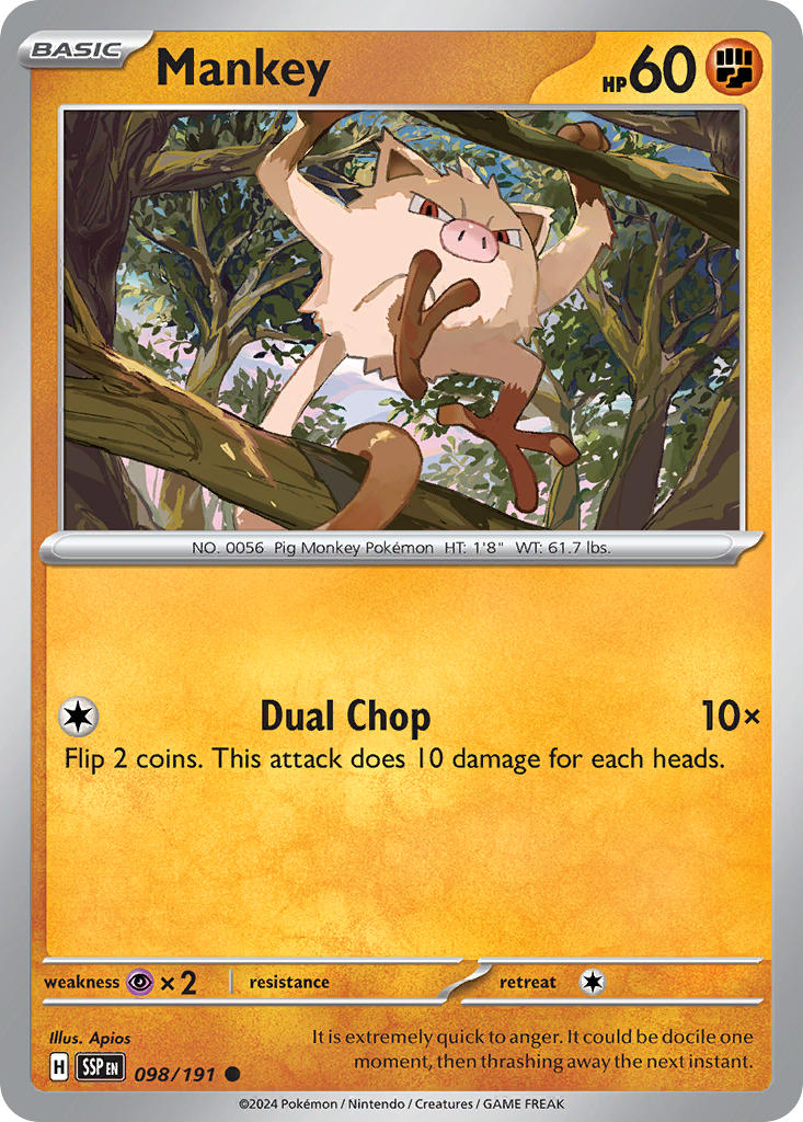 Mankey⁣ - Surging Sparks⁣ (Common)⁣ [098] English / Near Mint / Reverse-Holo Normal