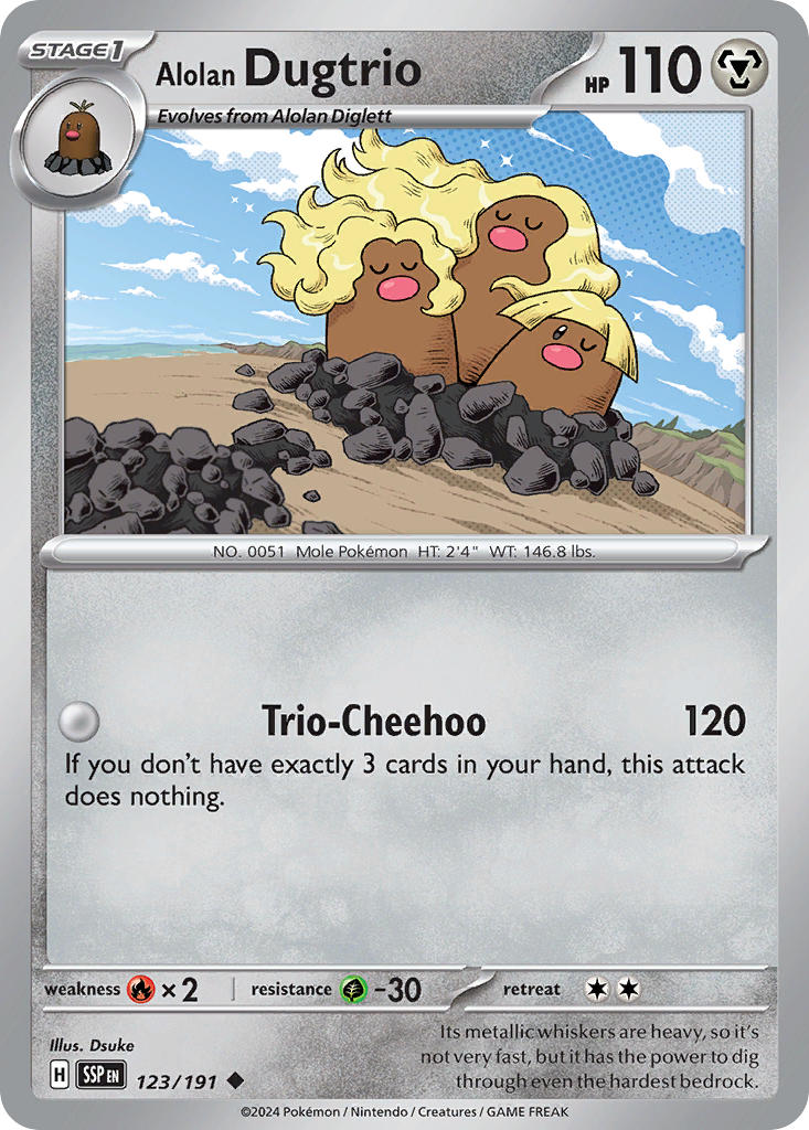 Alolan Dugtrio⁣ - Surging Sparks⁣ (Uncommon)⁣ [123] English / Near Mint / Reverse-Holo Normal