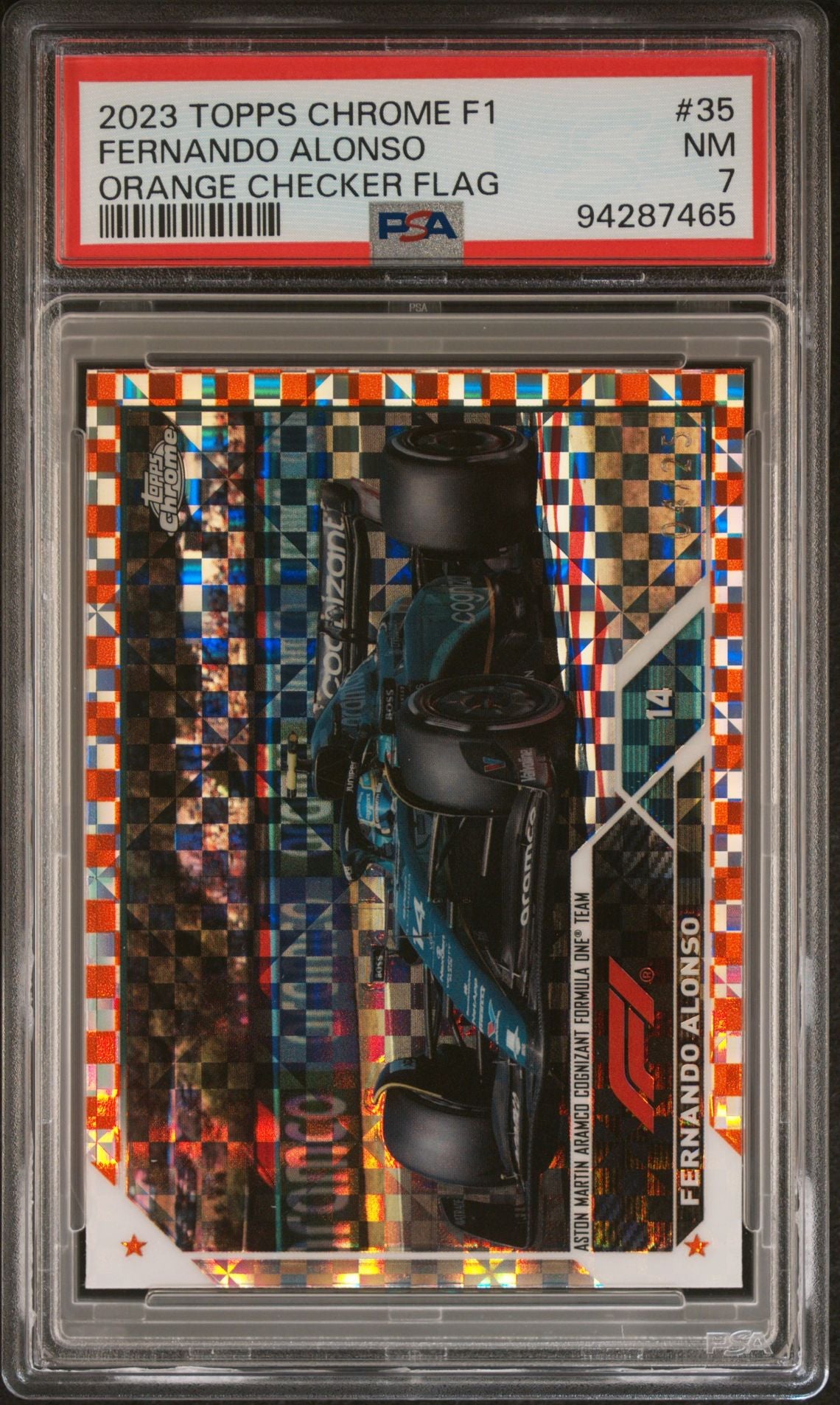 Fernando Alonso #35 Orange Checker Flag 2023 Topps Chrome F1 PSA 7 - forside