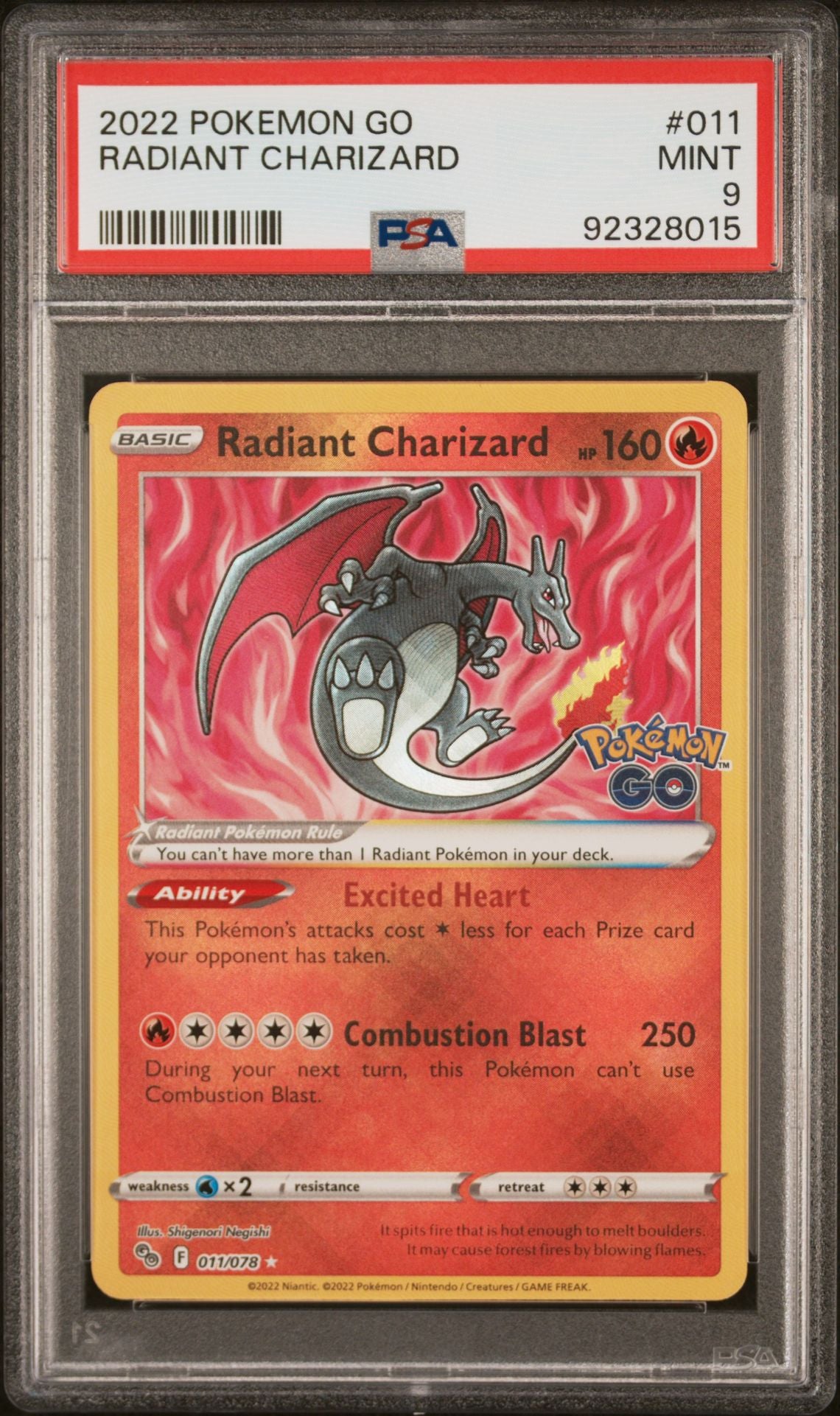 Radiant Charizard #011 Pokémon GO PSA 9 - forside