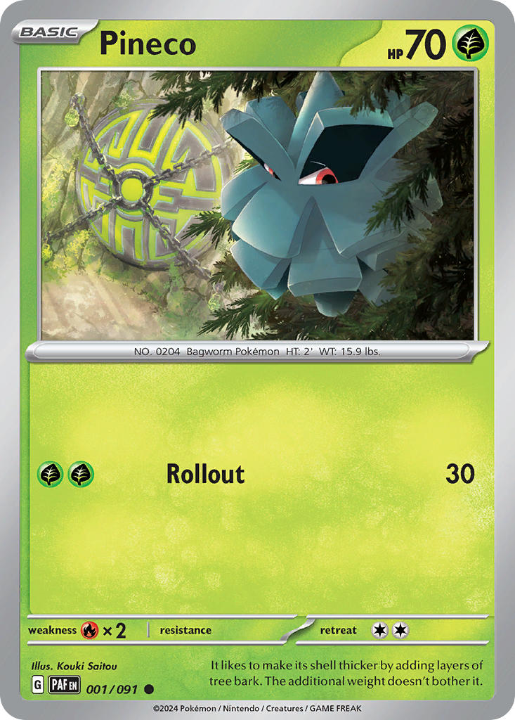 Pineco⁣ - Paldean Fates⁣ (Common)⁣ [001] English / Near Mint / Reverse-Holo Normal