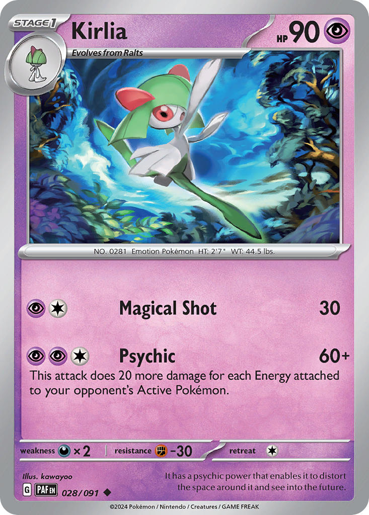 Kirlia⁣ - Paldean Fates⁣ (Uncommon)⁣ [028] English / Near Mint / Reverse-Holo Normal