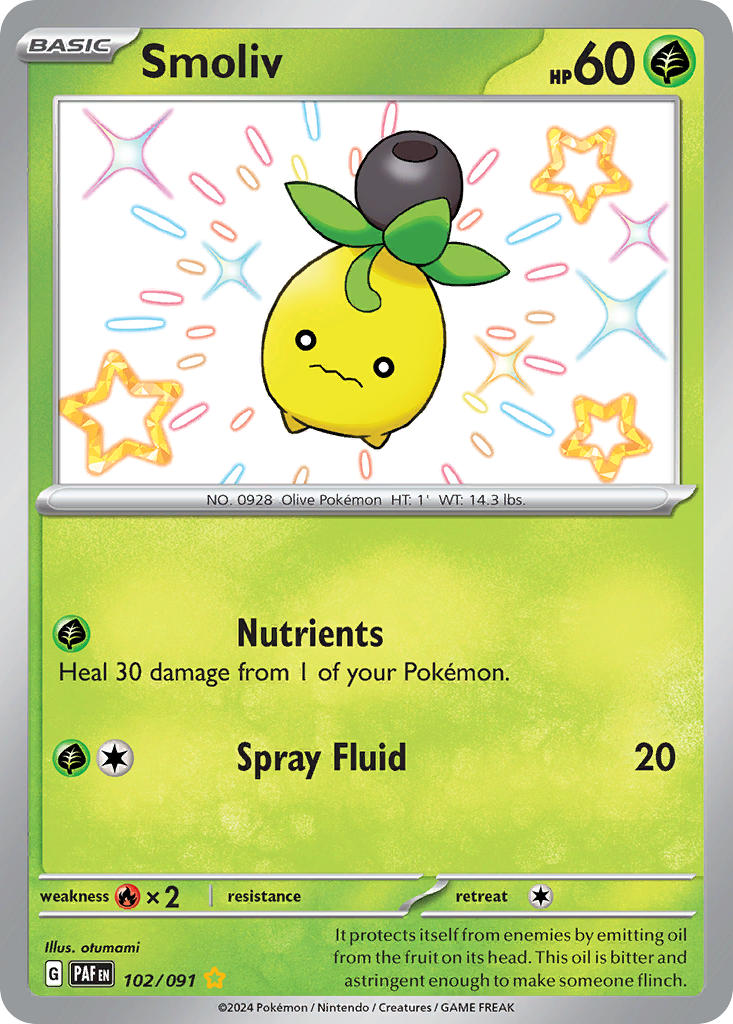 Smoliv⁣ - Paldean Fates⁣ (Shiny Rare)⁣ [102] English / Near Mint / Normal