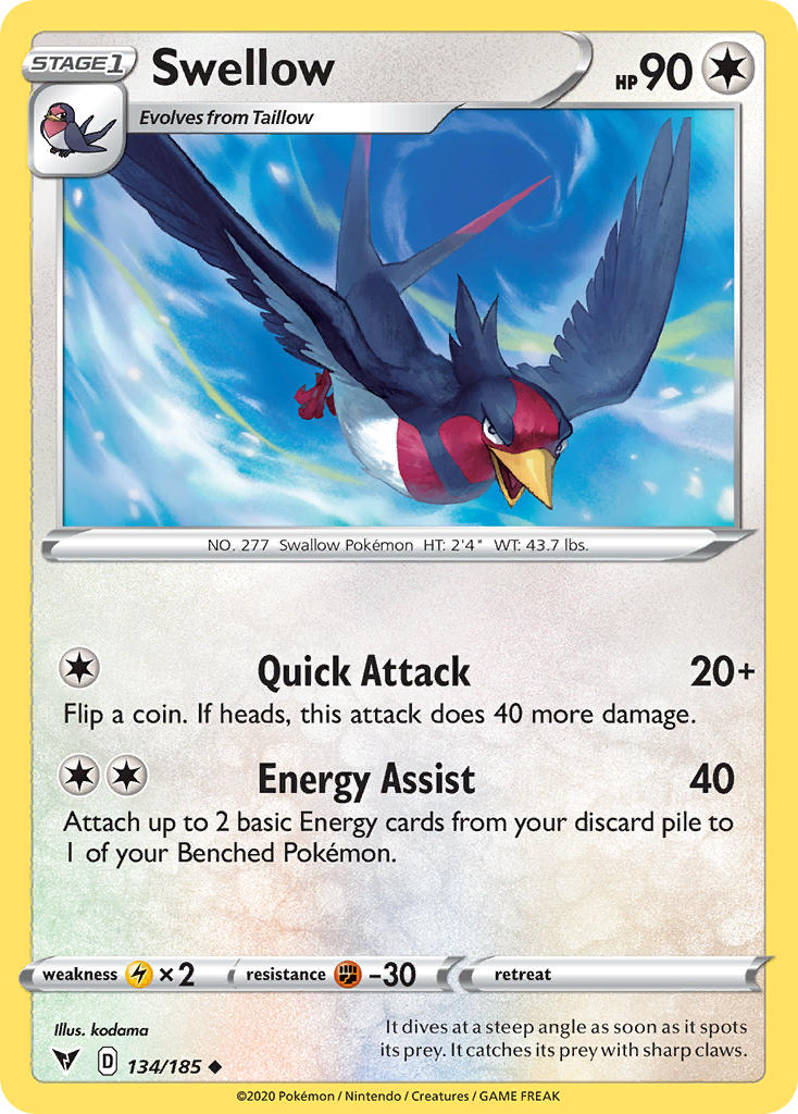 Swellow⁣ - Vivid Voltage⁣ (Uncommon)⁣ [134] English / Near Mint / Reverse-Holo Normal