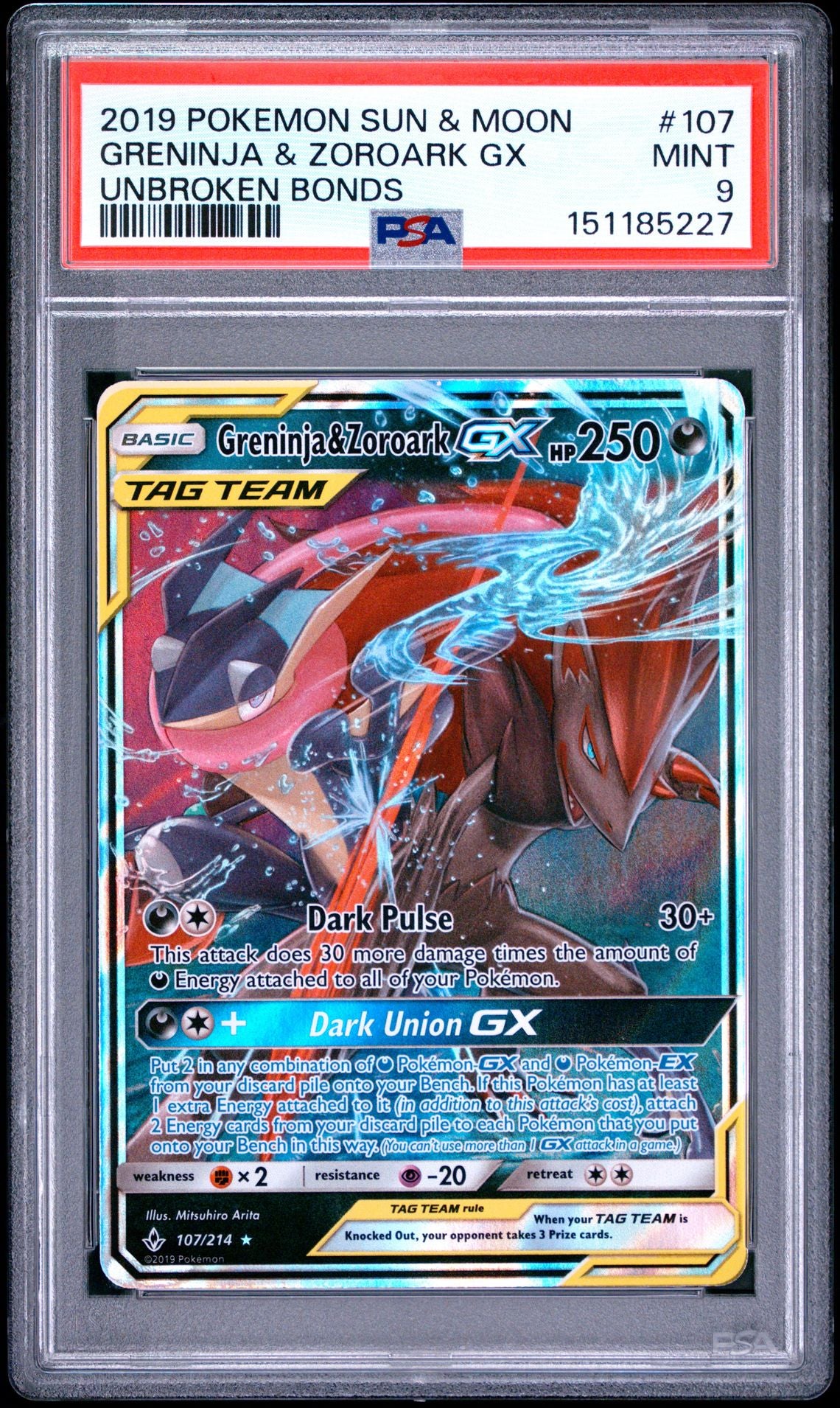 Greninja & Zoroark GX #107 Unbroken Bonds PSA 9 - forside